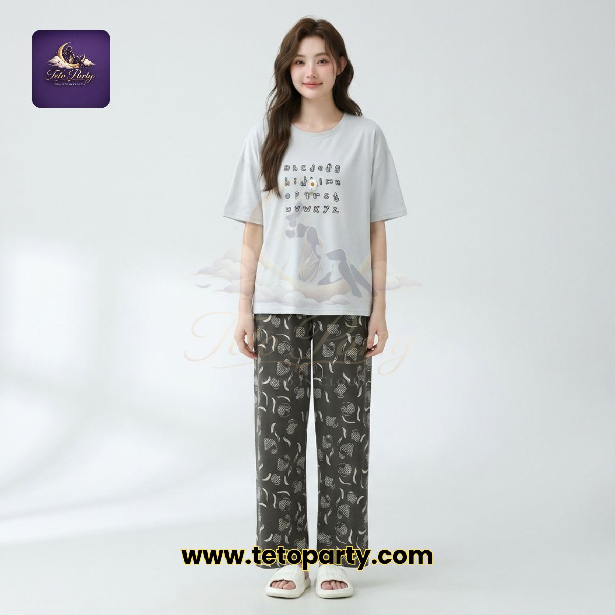 Minimal Cute Design Sleeping Tee & Pant Set