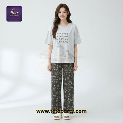 Minimal Cute Design Sleeping Tee & Pant Set
