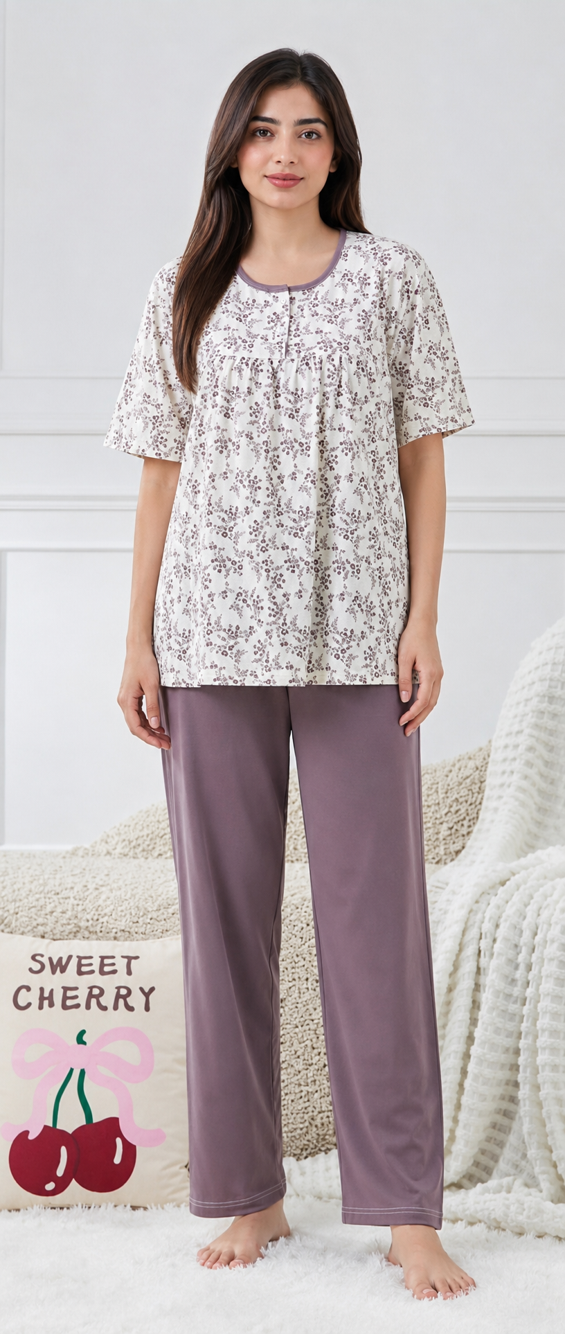 Woman wearing a floral top and purple pants