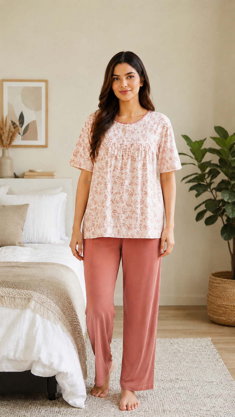 Woman wearing a pink and white patterned top and pink pants